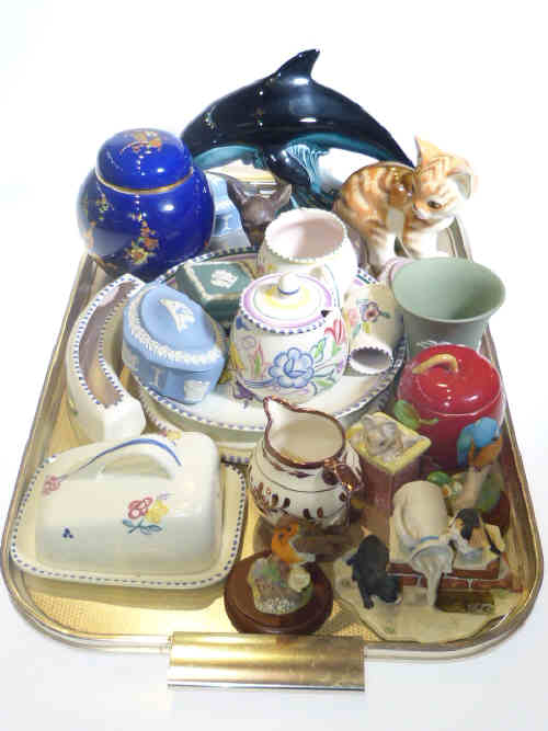 Tray lot with Poole china, Carlton ginger jar, Wedgwood boxes, ornaments, etc