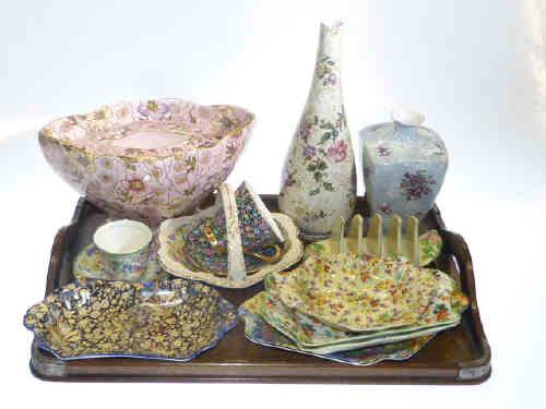 Tray lot of chintz china including Winton rose bowl, two Burleigh vases, cups, saucers, bowls and