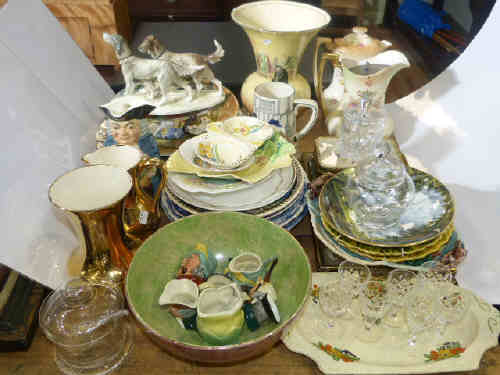 Collection of decorative china and glass including Royal Doulton, singer hand sewing machine, two