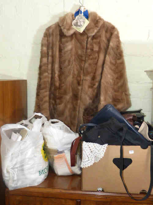 Ladies fur coat, collection of linen, handbags, etc