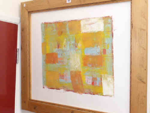 Lisa House 2001, abstract oil, in rustic pine frame
