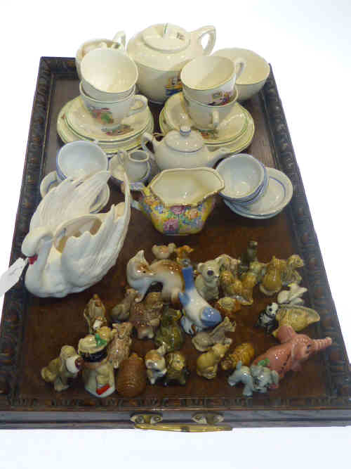 Child's and doll's tea sets, Goebel swan, Royal Winton jug, two USSR animals and Wade Whimsies