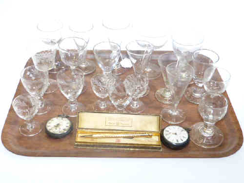 Pair case watch, silver watch, pencil and collection of antique and later glasses