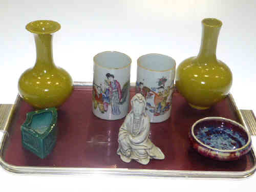 Two yellow crackle glazed Oriental vases, pair of brush pots, Oriental figure and two bowls