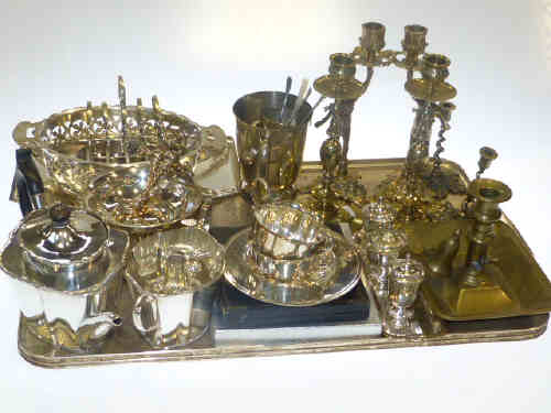 Collection of silver plated wares and brass candlesticks