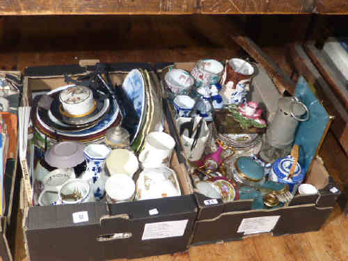 Dressing table set, teaware, Ringtons caddy, various plates, Limoges china, miners lamp etc