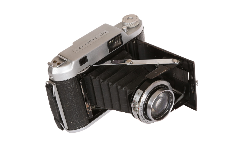 A Ross Ensign Autorange 820 camera, with 105mm XPRES f/3.8 lens, no. 74288, in a Ross Ensign case.