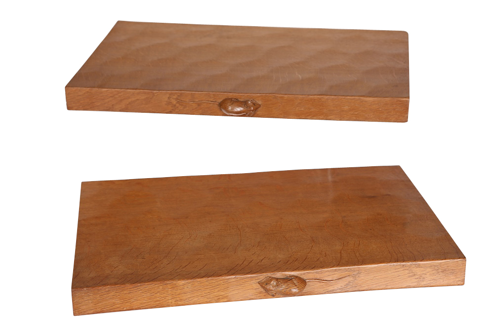 Robert Thompson of Kilburn: A pair of Mouseman oak seat boards, from a fender, with adzed tops and