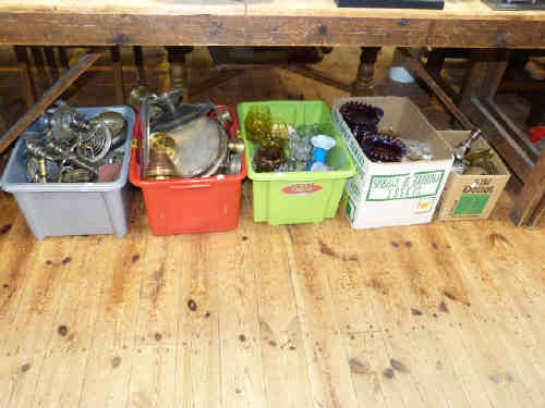 Five boxes of silver-plate, pair of Victorian ruby glass table lustres, glass, etc