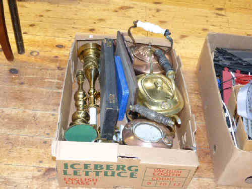 Box including brass kettle, copper kettle, etc