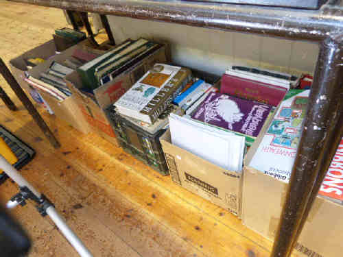 Six boxes including stamp albums, books, etc