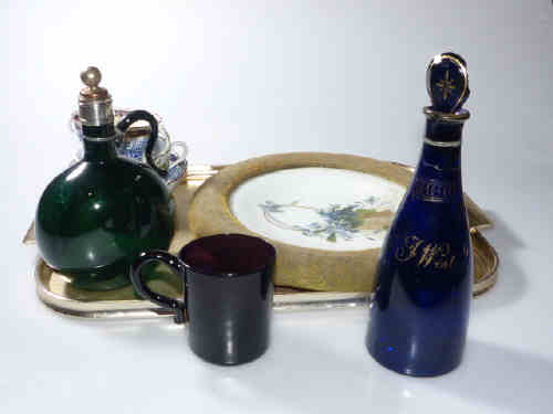 19th Century green glass spirit flask, Bristol blue decanter (a/f), 19th Century amethyst glass mug,