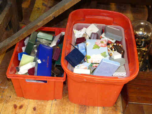 Two boxes of costume jewellery, etc