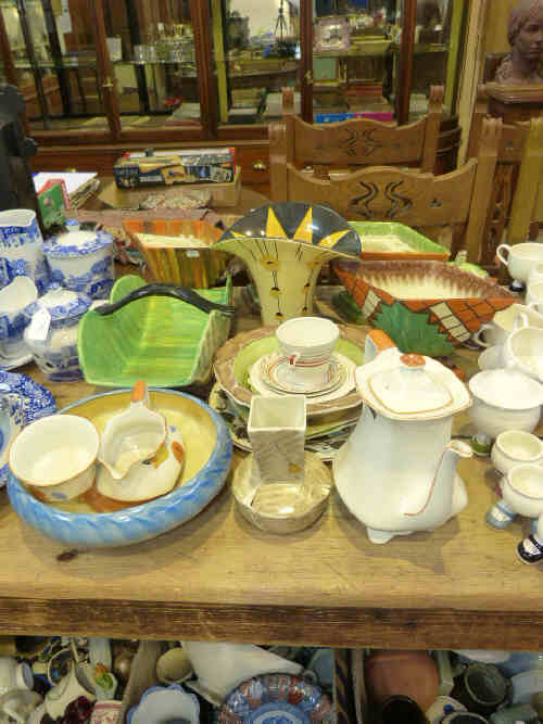 Collection of Myott 1930's hand painted pottery including flower vases, coffee pot, bowl, etc