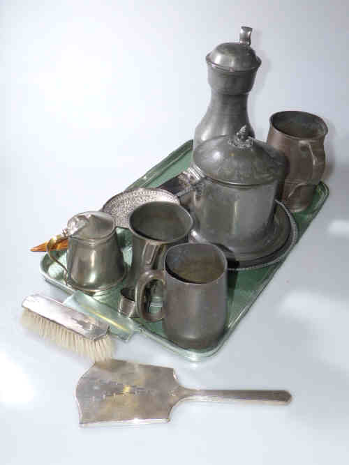 Victorian silver collared and horn-handled crumb scoop, silver-backed mirror and brush, W.A.S.