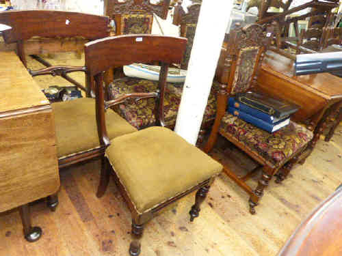 Set of three late Victorian carved oak dining chairs and pair of Victorian mahogany bar back