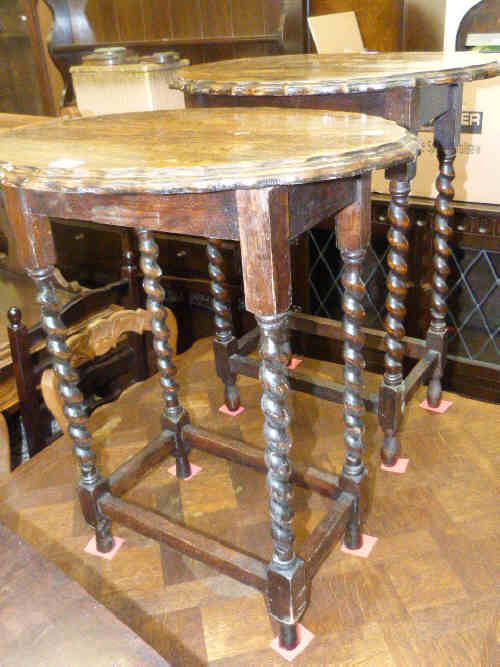 Two oak shaped top barley twist occasional tables