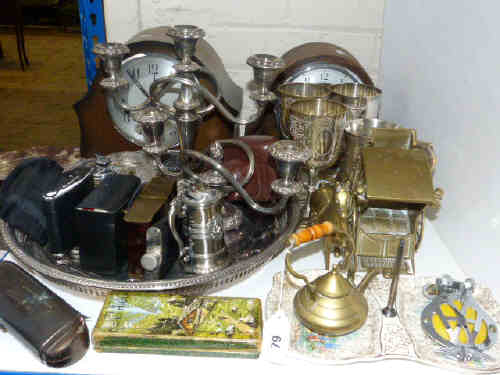 Two oak mantel clocks, assorted silver plate, two Hohner mouth organs, etc