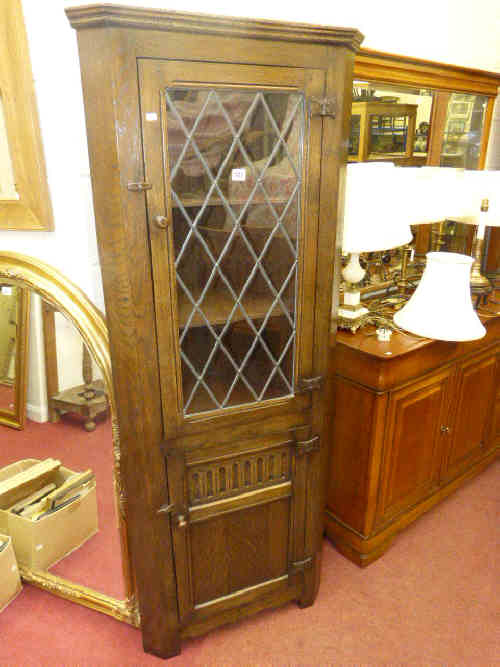 Oak leaded glazed top double corner cabinet