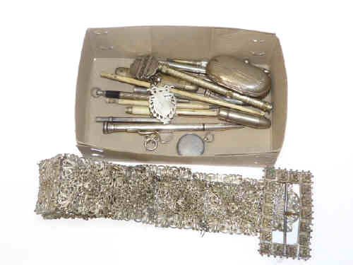 Collection with silver brooch, medals, white metal belt, pencils, etc