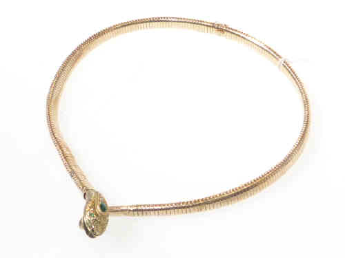 9ct gold snake-form necklace, the head set with diamonds and emeralds, with expanding links,