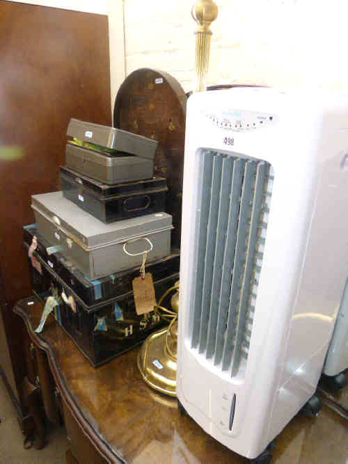 Air cooler, brass standard lamp and shade, tin deed box and vintage games and three tin cash boxes