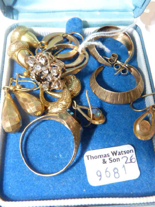 Two 9ct gold rings and five pairs of 9ct gold earrings, approximately 16.8 grams; and a pair of