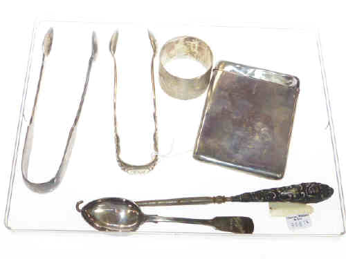 Silver card case, silver tongs, napkin ring and spoon, and EP tongs and silver handled button