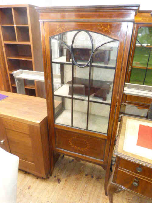 Edwardian inlaid mahogany single door china cabinet on splayed tapering legs