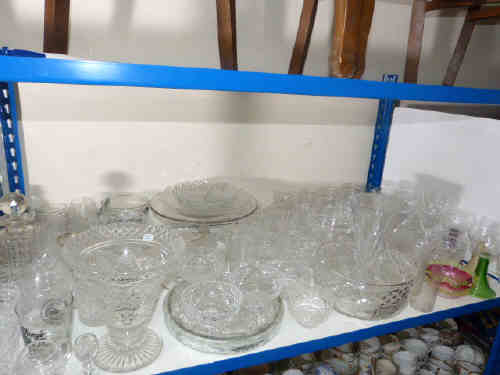 Large collection of crystal and cut glass including vases, bowls, decanter, comport, sundae dishes