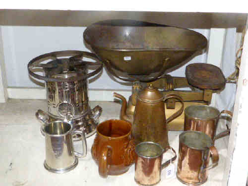 Large vintage scales, three copper measures and coffee pot, table top warmer, etc