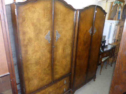 Three piece walnut cabriole leg bedroom suite, stool and bedside pedestal