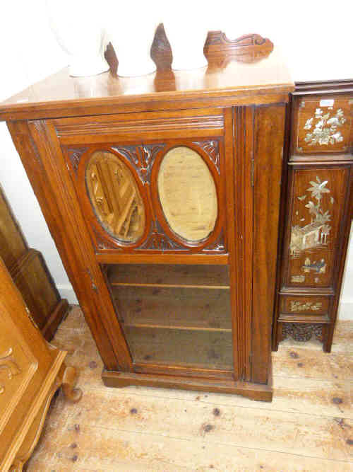 Victorian walnut glazed and mirror panel door music cabinet and two inlaid hardwood panels