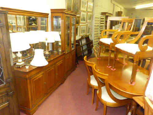 Gola furniture four door display cabinet, three door sideboard, wall mirror, pedestal dining table