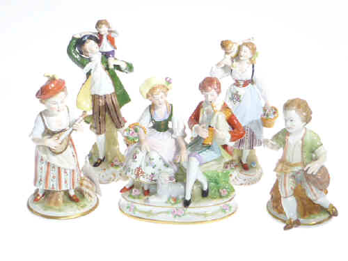 Five Continental porcelain figures, comprising two pairs and group