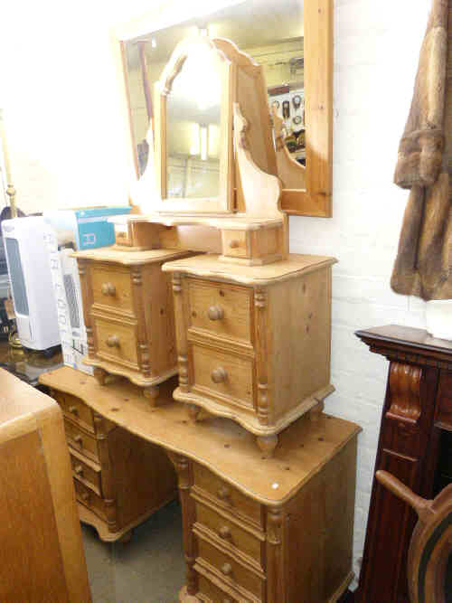 Continental pine pedestal dressing table, dressing mirror, pair two drawer pedestals and pine framed