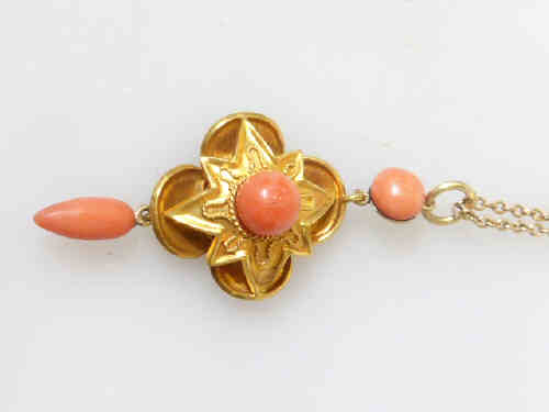 Victorian coral pendant necklace, the fastener stamped 15ct