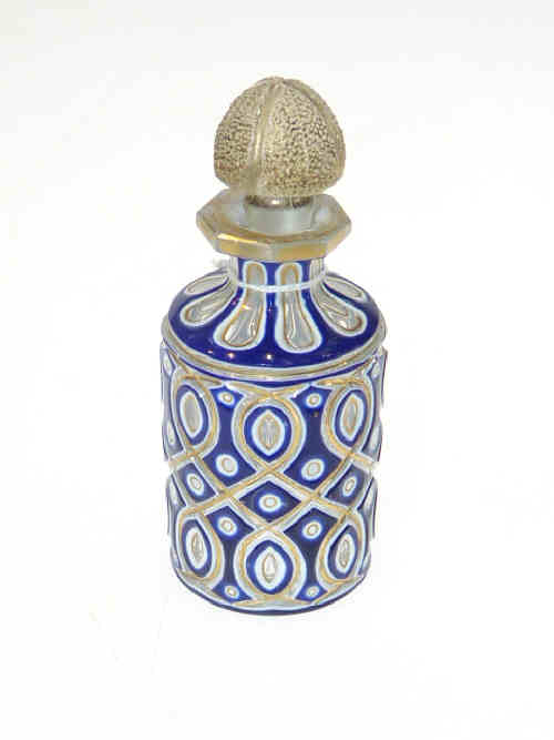 19th Century Bohemian blue overlaid and gilded bottle and stopper