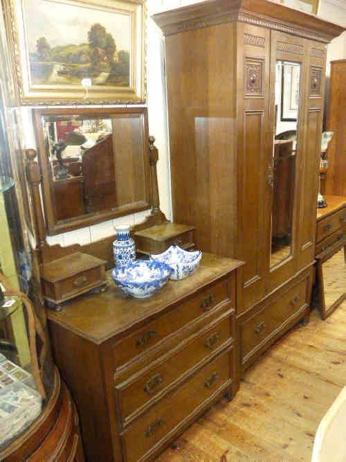 Edwardian oak mirror door wardrobe and dressing table