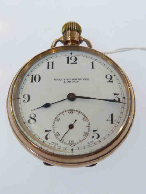 9ct gold open face pocket watch, signed Saqui & Lawrence, London with Globe Watch Co. movement, dial