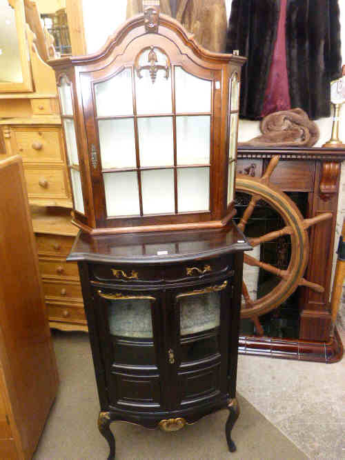 Late Victorian mahogany bow front china cabinet and small walnut glazed wall cabinet