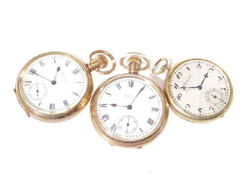 Two gold plated Waltham open face pocket watches and a Jackville pocket watch (3)