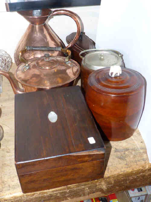 19th Century copper jug and pan, rosewood and mahogany boxes and two biscuit barrels