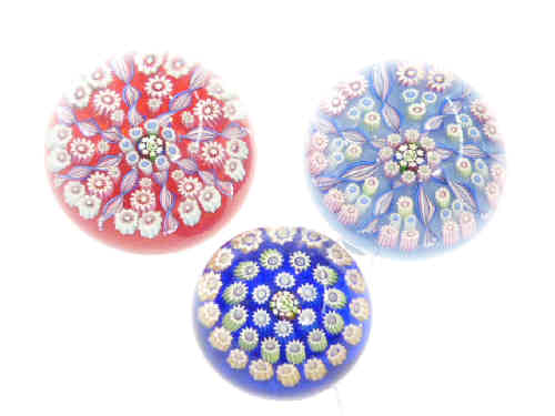 Three Millifiori glass paperweights