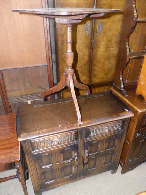 Victorian mahogany snap top occasional table, oak two door dresser, Edwardian octagonal occasional