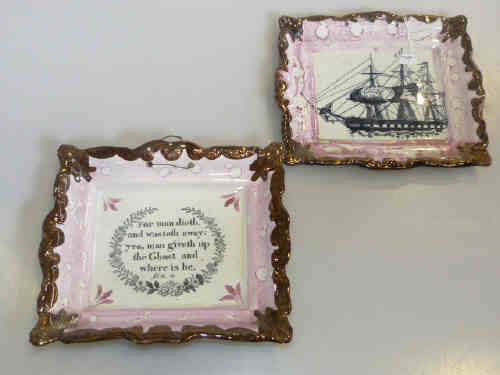 Two Sunderland lustre rectangular plaques printed with ship and verse