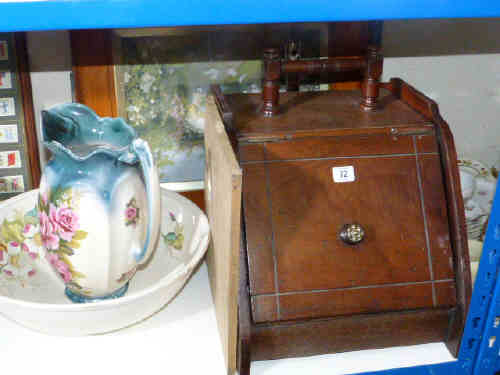 Mahogany coal box, wall clock, pair of prints, two frameless mirrors and toilet jug and basin