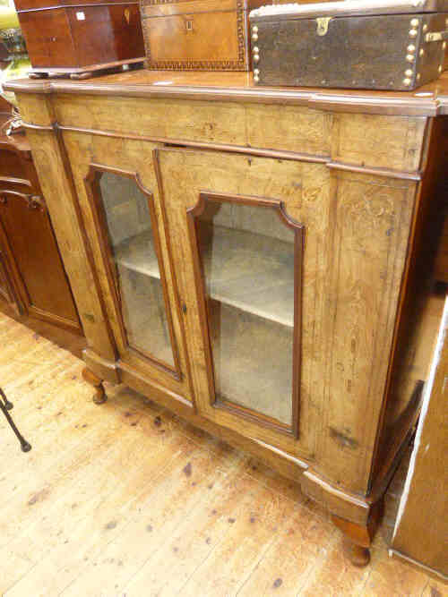 Victorian walnut and satinwood inlaid two door side cabinet on cabriole legs