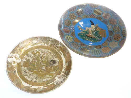 Cloisonne plaque decorated with archer playing pipes, 30.5cm diameter, and a Satsuma dish (2)