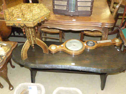 Rosewood banjo barometer, hexagonal Indian occasional table and shaped top coffee table